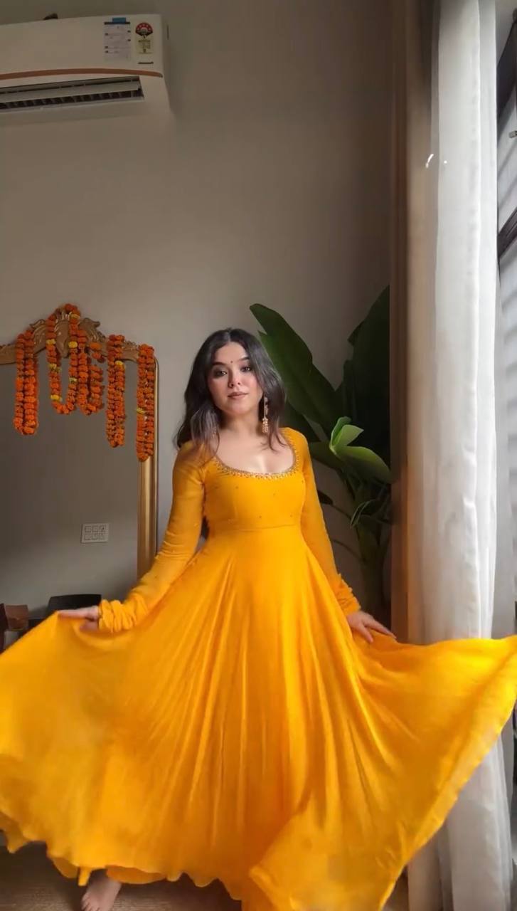 Mustard Yellow Full-Sleeve Anarkali Gown with Embroidered Neckline