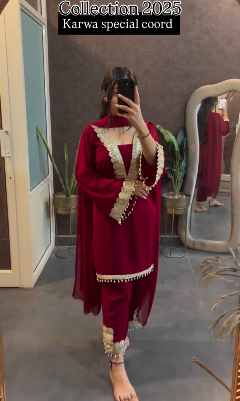 Luxurious Maroon Co-ord Set with Vintage Golden Trim