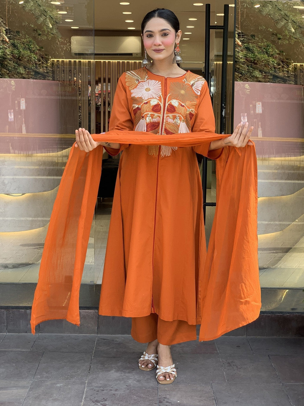 Elegant Floral Embroidered Yoke Kurta Set in Deep Orange