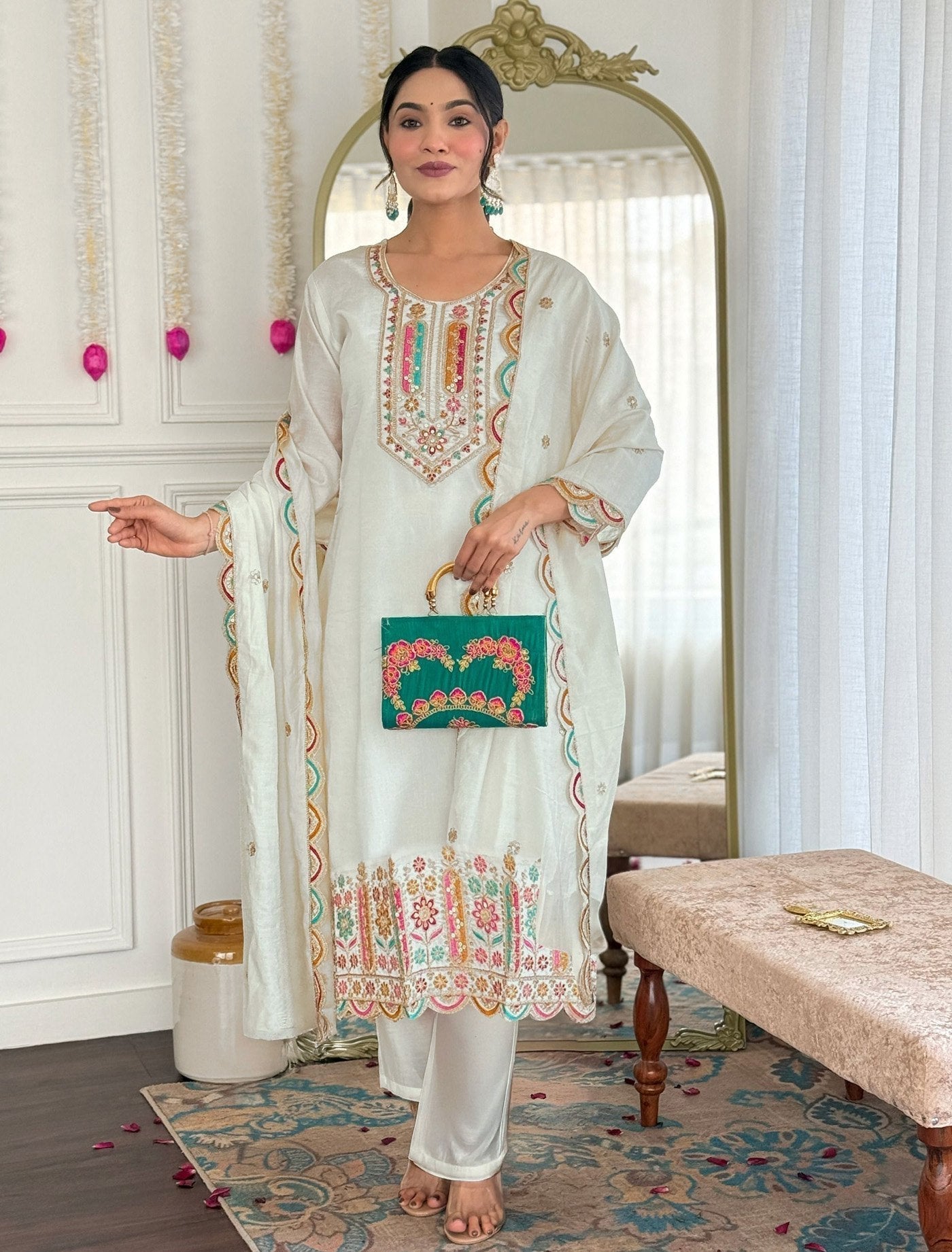Designer Off-White Straight Cut Kurta Pant and Dupatta Set