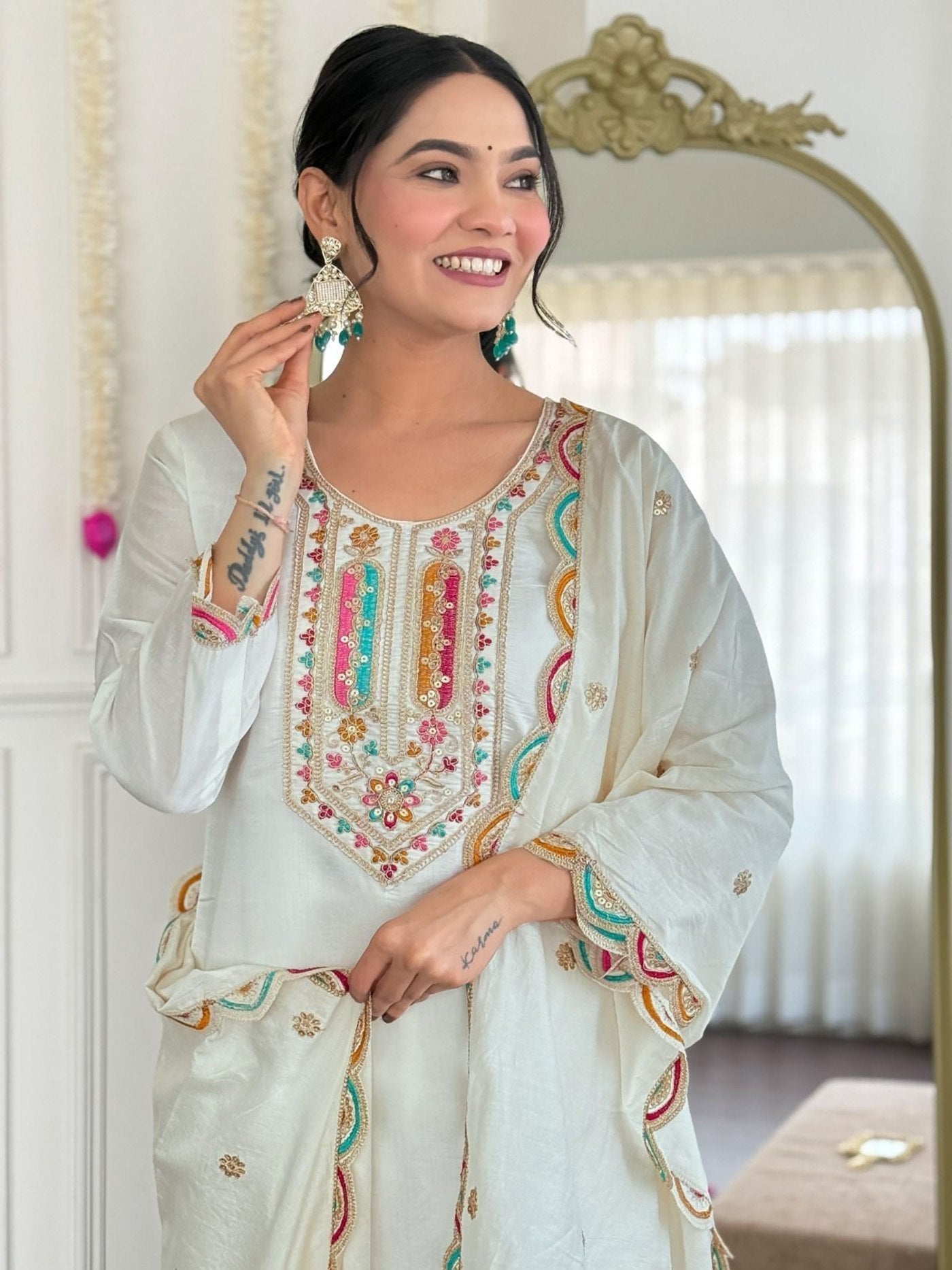 Designer Off-White Straight Cut Kurta Pant and Dupatta Set