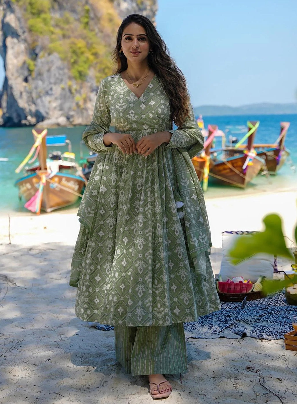 Women's Green Printed Rayon/Cotton Anarkali with Palazzo and Dupatta