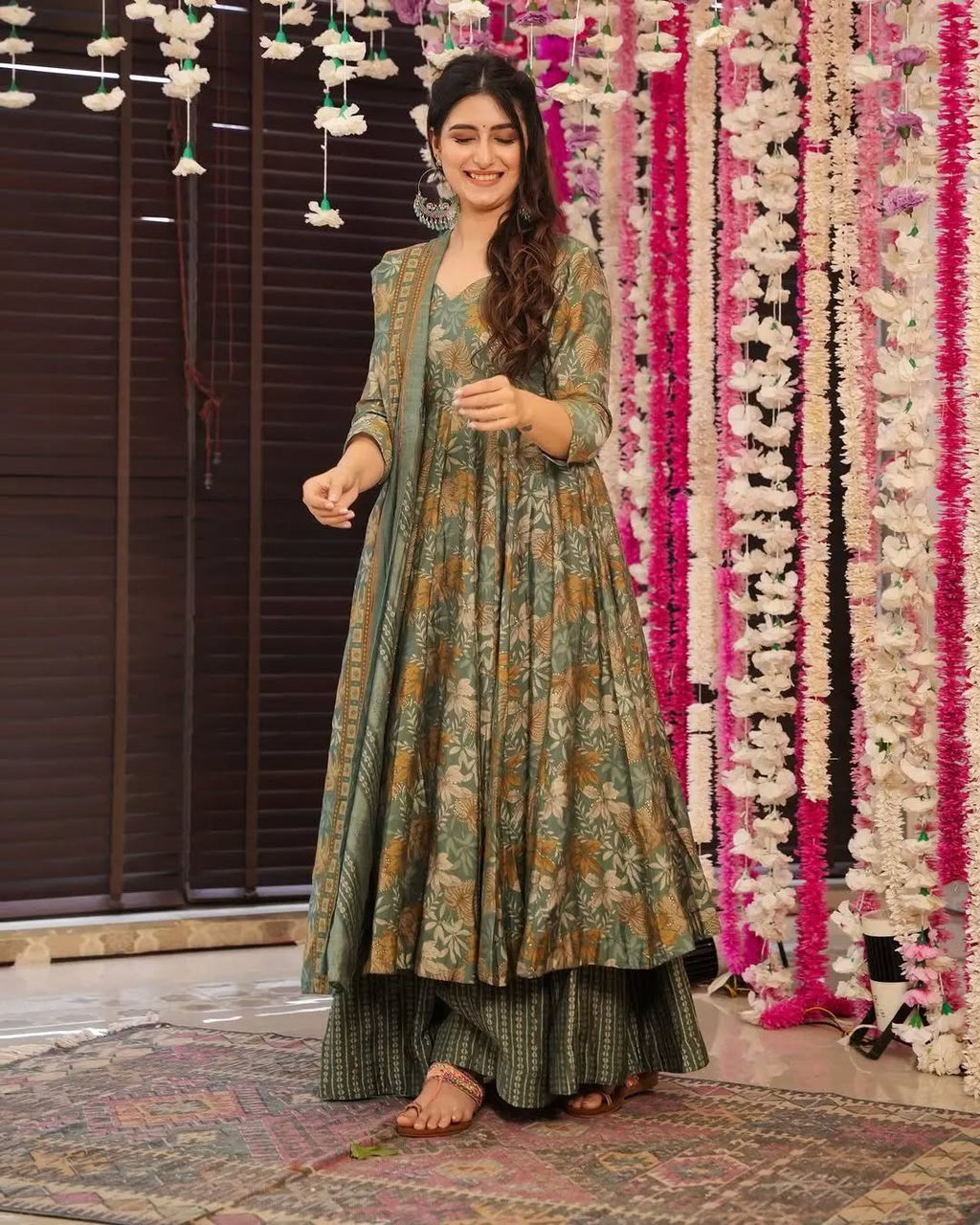 Elegant Green Muslin Floral Print Anarkali Sharara Suit