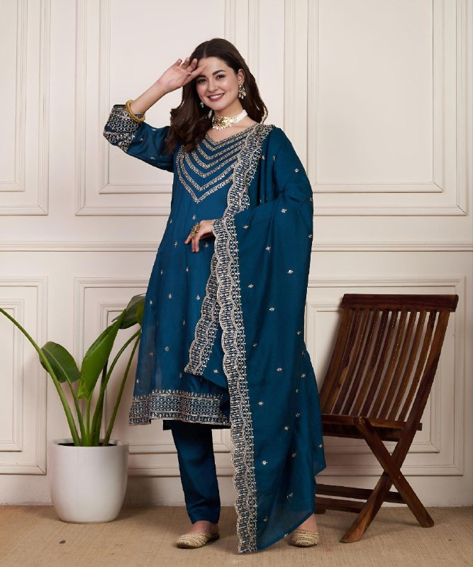 Ethnic V-Neck Chanderi Silk Kurta Set with Matching Dupatta