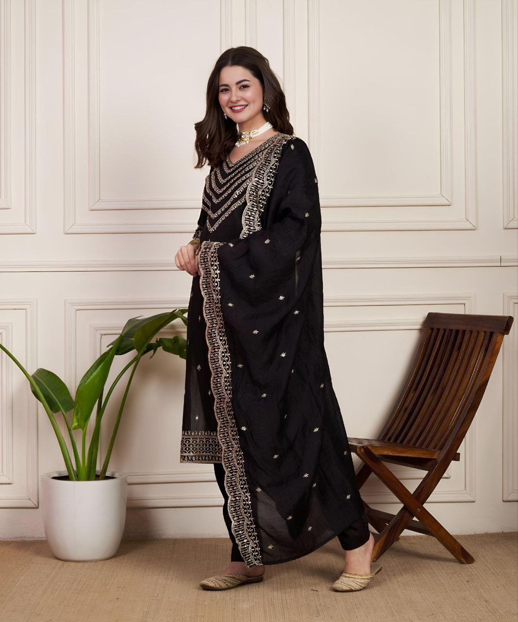 Ethnic V-Neck Chanderi Silk Kurta Set with Matching Dupatta