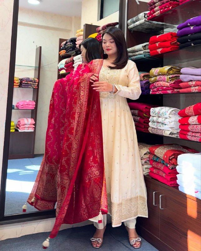 Party Wear Silk Anarkali Dress with Intricate Gold Zari & Mirror Work | Readymade Indian Salwar Kameez