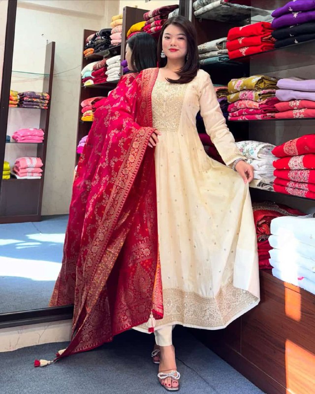 Party Wear Silk Anarkali Dress with Intricate Gold Zari & Mirror Work | Readymade Indian Salwar Kameez
