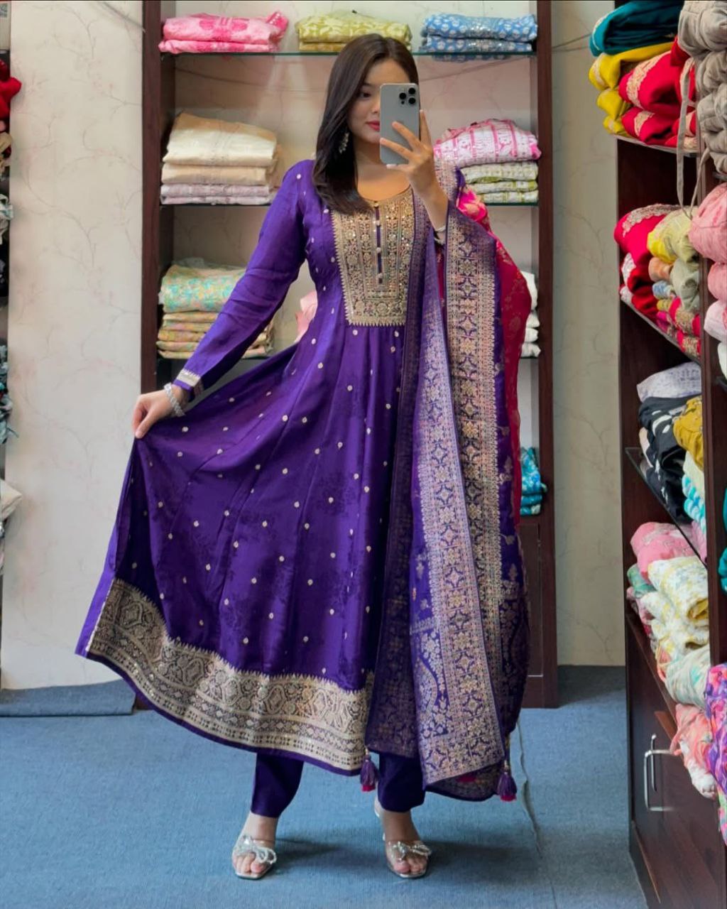 Party Wear Silk Anarkali Dress with Intricate Gold Zari & Mirror Work | Readymade Indian Salwar Kameez