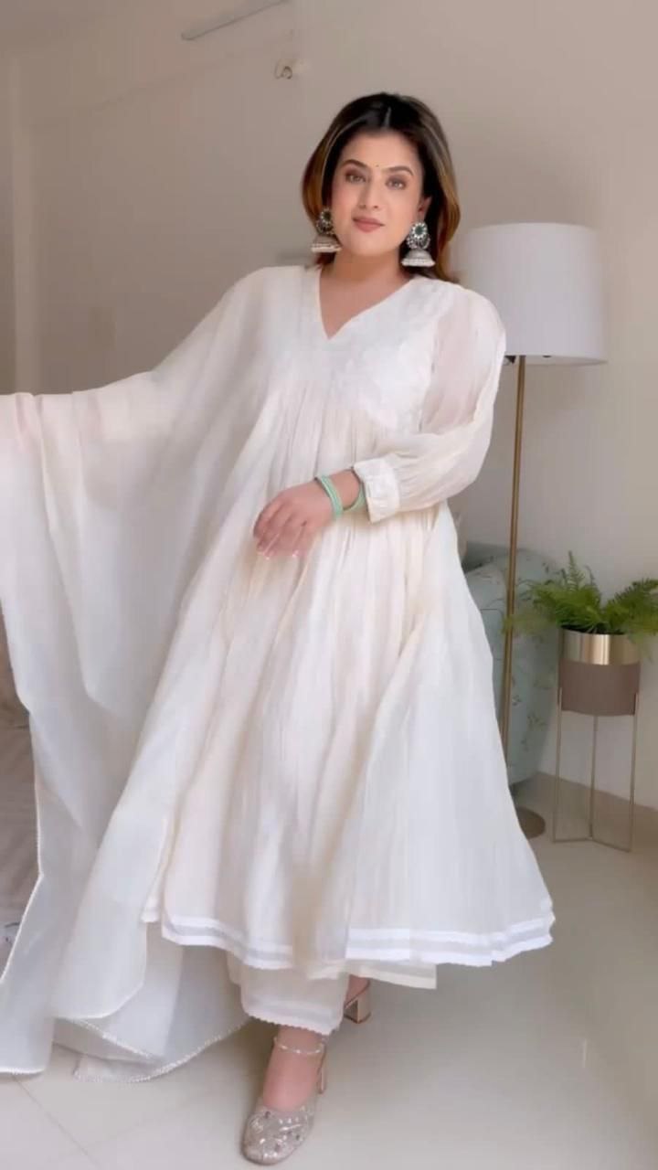 Focus on Style: Flowy White V-Neck Anarkali Dress