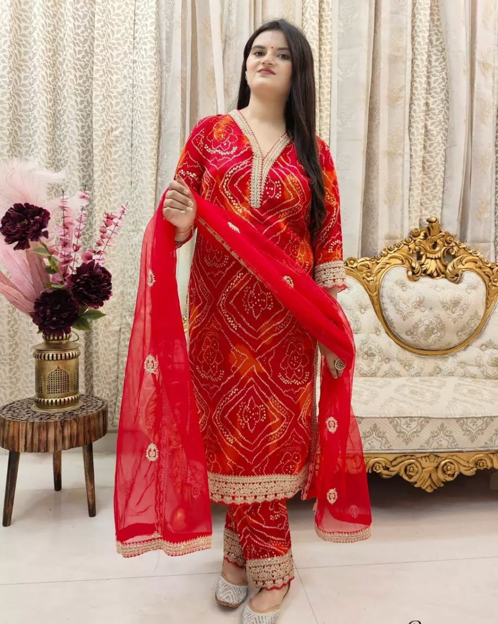 Stylish Red Bandhej Georgette Suit with Gold Lace Detailing