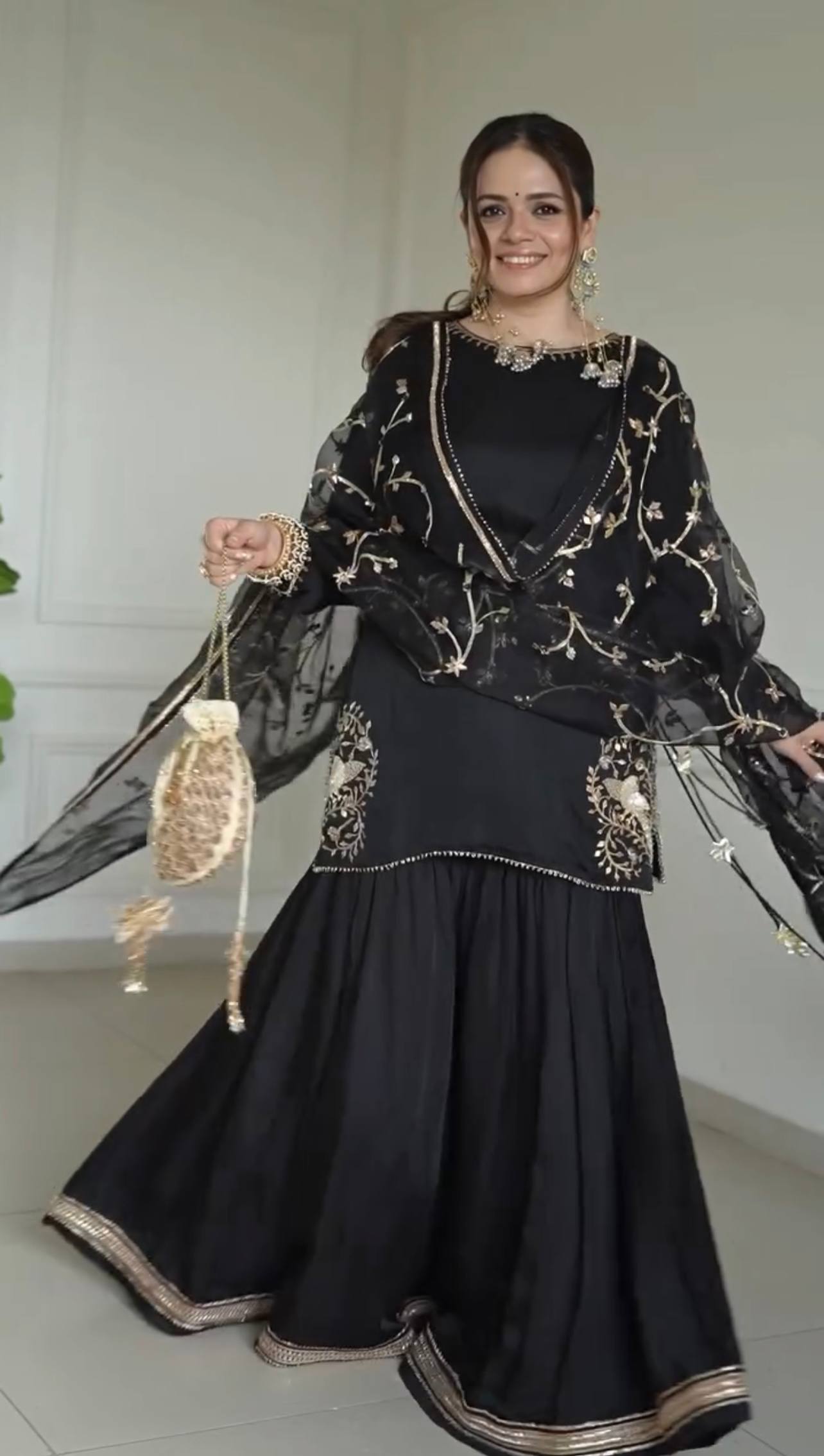 Elegant Black and Gold Embroidered Sharara Set