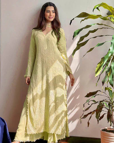 Trending faux georgette top cotton thread embroidered work and work plazo with dupatta