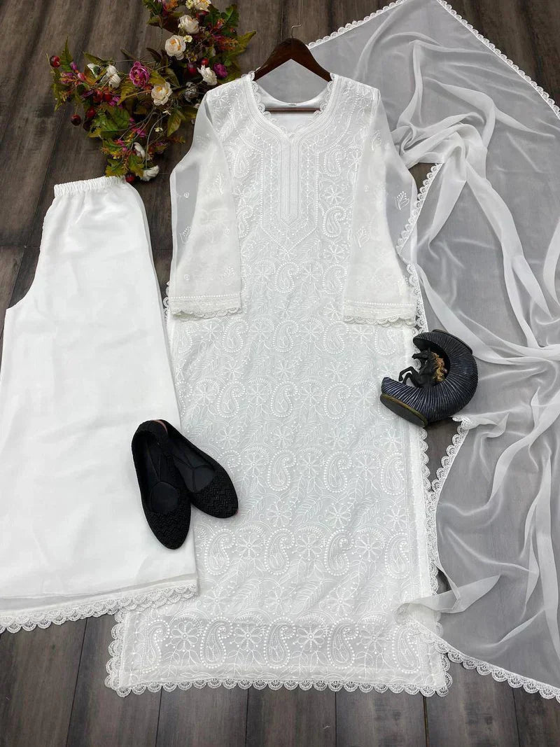 Trending faux georgette top cotton thread embroidered work and work plazo with dupatta