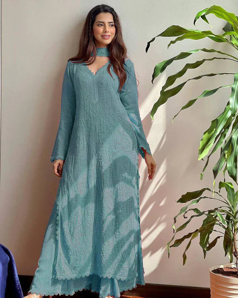 Trending faux georgette top cotton thread embroidered work and work plazo with dupatta