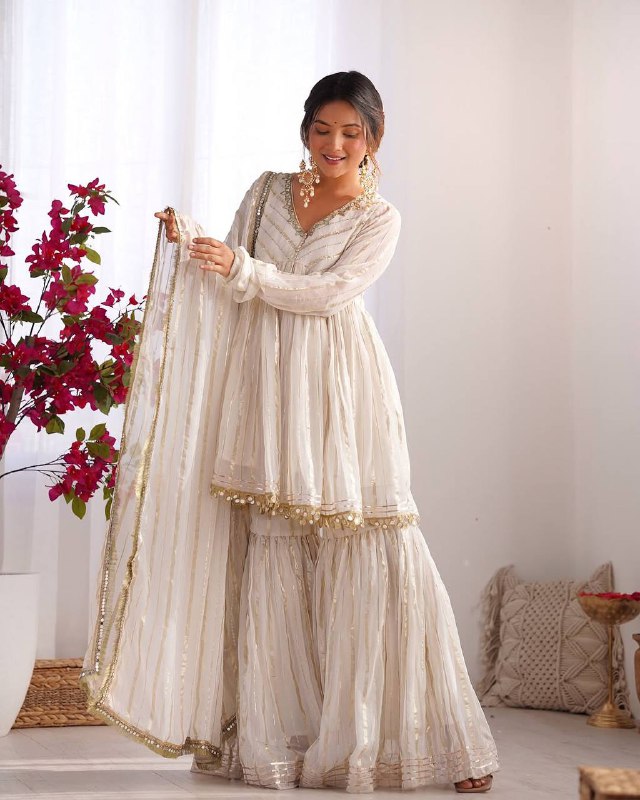 Elegant Anarkali Kurti Sharara/Gharara Suit with Gold Detailing