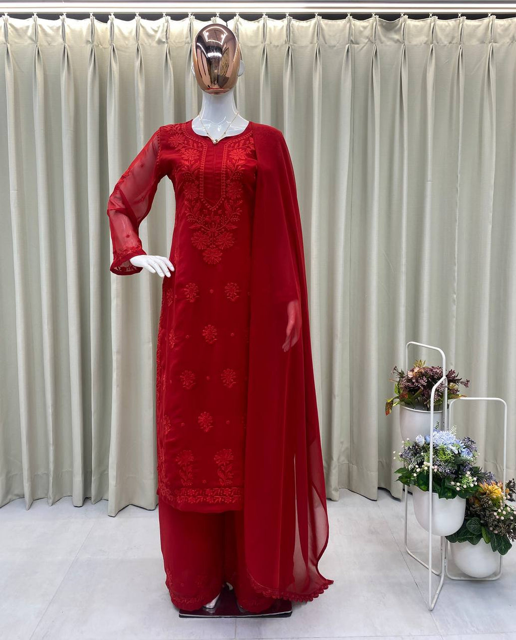 Designer Deep Red Heavy Chikankari Kurta Set with Dupatta & Trousers