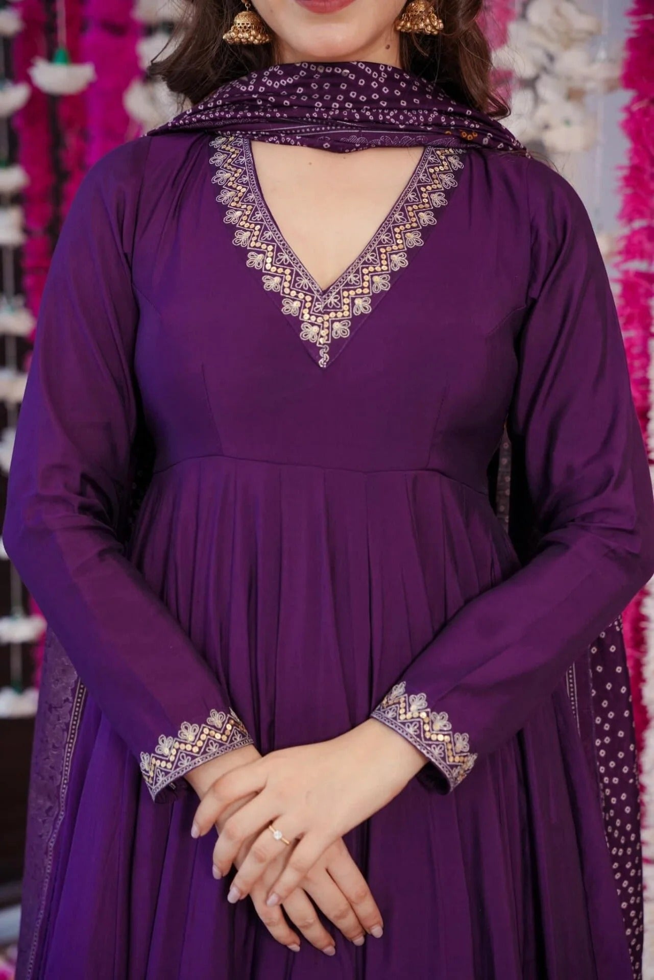 Elegant V-Neck Full Sleeve Anarkali Gown with Palazzo and Bandhej Dupatta