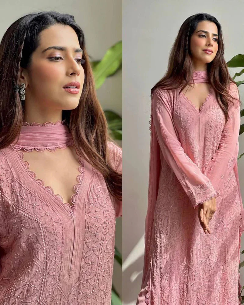 Trending faux georgette top cotton thread embroidered work and work plazo with dupatta