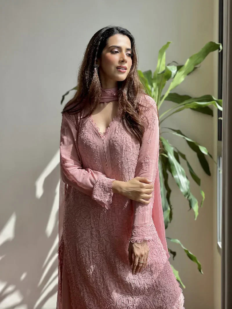 Trending faux georgette top cotton thread embroidered work and work plazo with dupatta