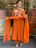 Elegant Floral Embroidered Yoke Kurta Set in Deep Orange