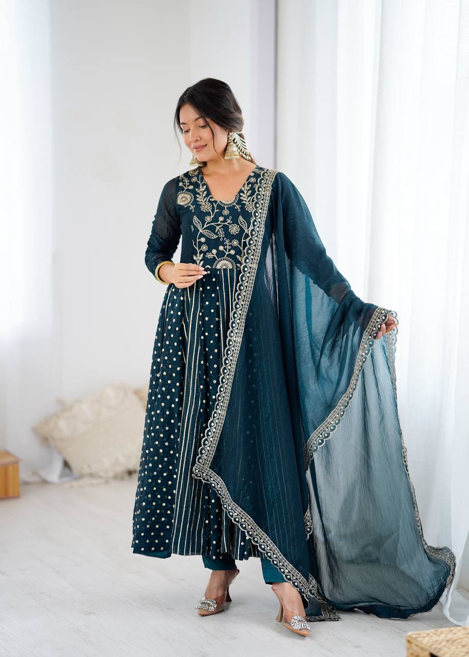 Women's Festive Embroidered Anarkali Dress with Dupatta