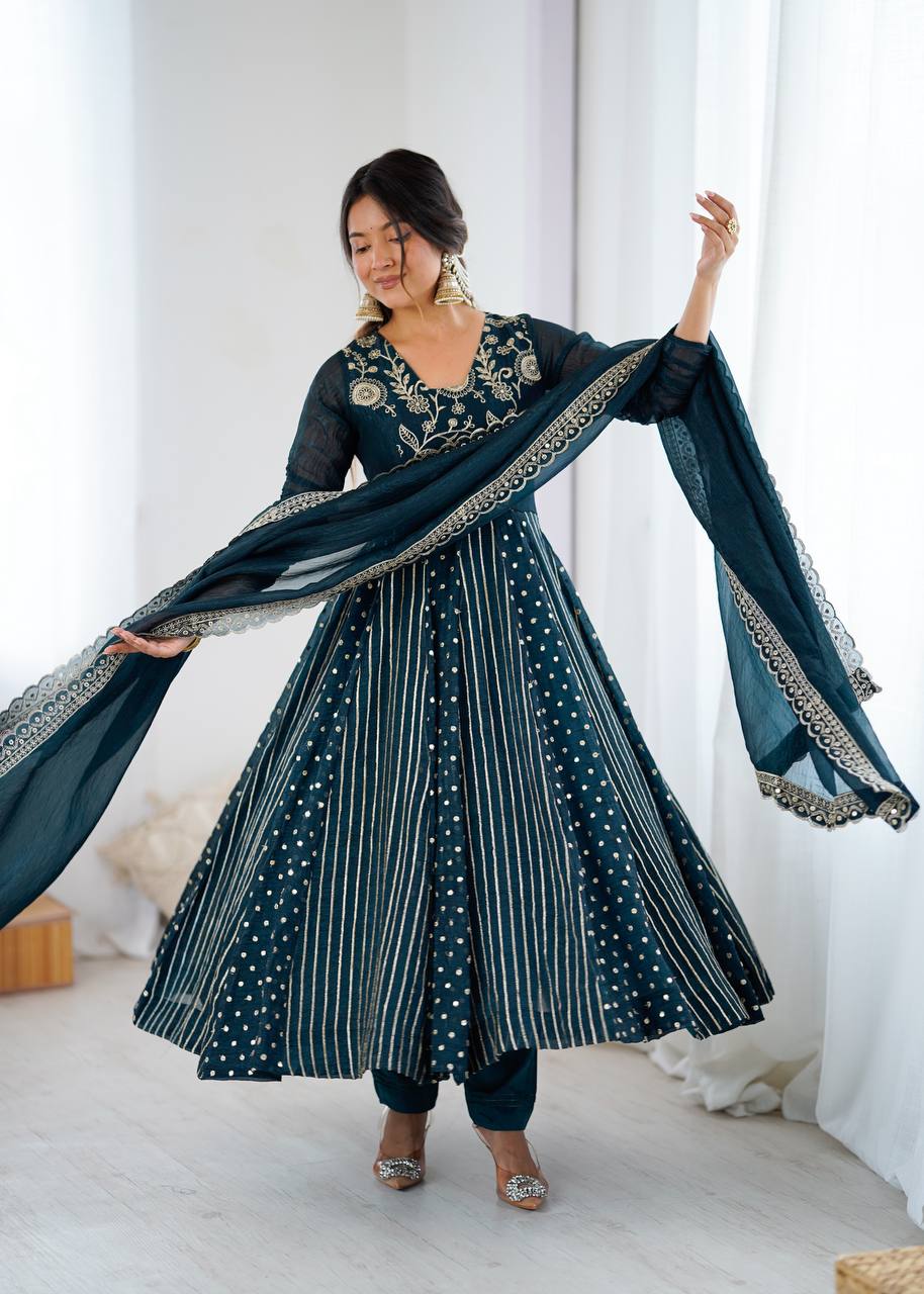 Women's Festive Embroidered Anarkali Dress with Dupatta