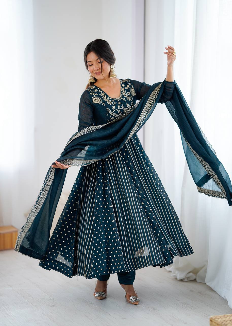 Women's Festive Embroidered Anarkali Dress with Dupatta